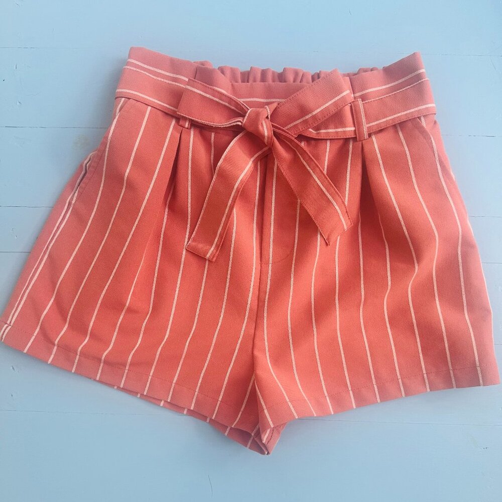Forever 21 High Rise Paperbag Shorts Pink Stripe Tie Waist Medium